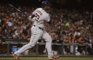Houston Astros first baseman Chris Carter (23) hits an RBI single in the seventh inning as the Houston Astros face the San Francisco Giants at AT&T Park in San Francisco, Calif., on Tuesday, August 11, 2015.